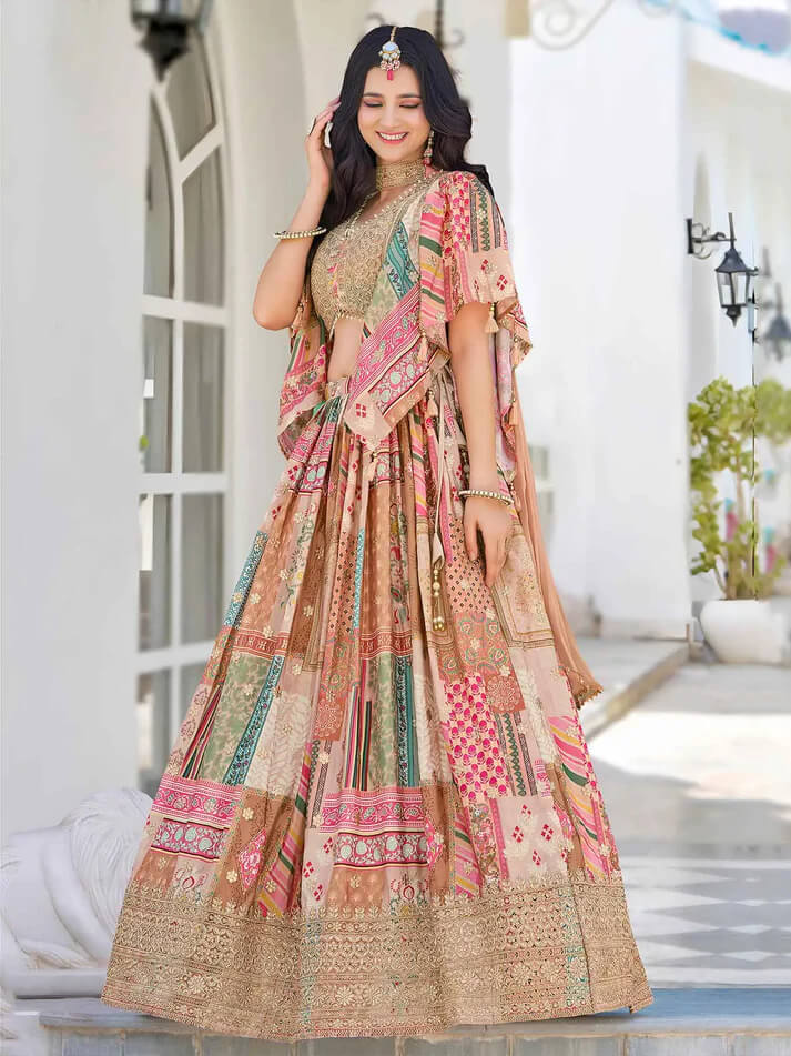 Beige Digital Print Lehenga with Embroidery & Blouse