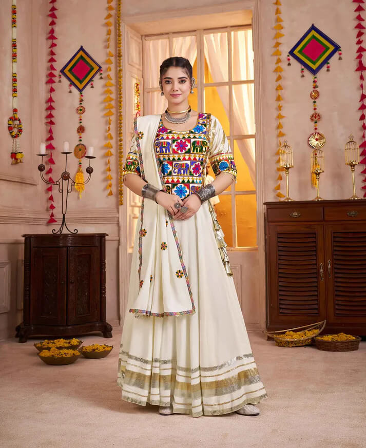 White Kutchi Mirror Kodi Work Navratri Lehenga Choli