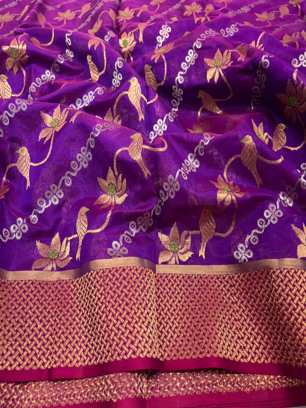 Purple Chanderi Handloom Pattu Silk Meenakari Handwork Saree