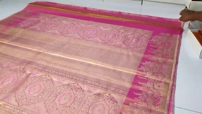 Hot Pink Kanchipuram Handloom Tissue Brocade Bridal Silk Saree