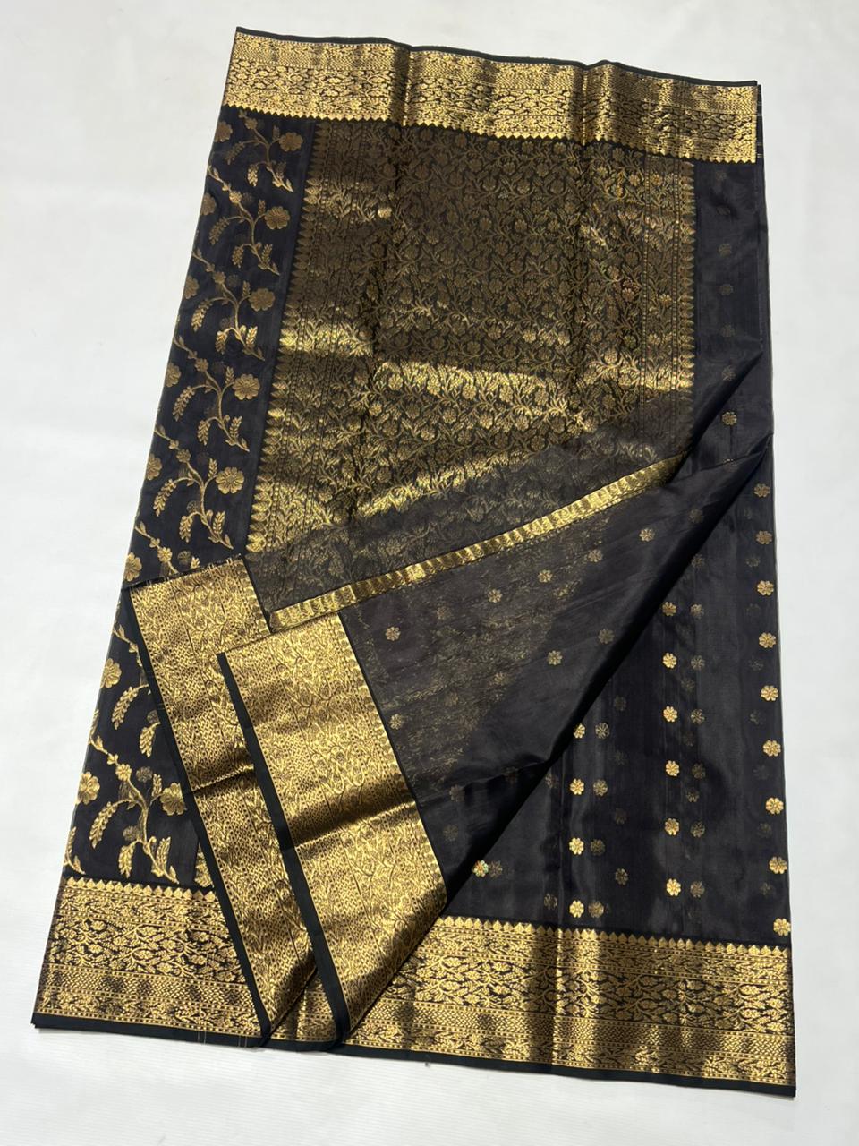Black Chanderi Handloom Katan Silk Saree