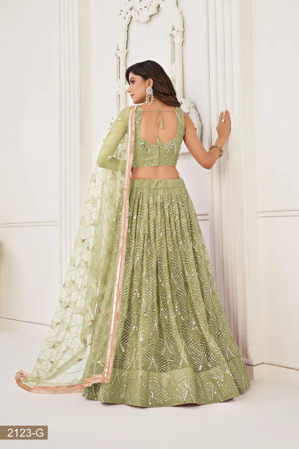 Pista Green Embroidered Net Lehenga Choli