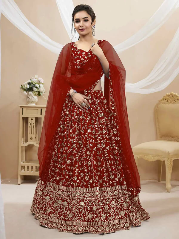 Red Georgette Lehenga with Sequins & Zari Work