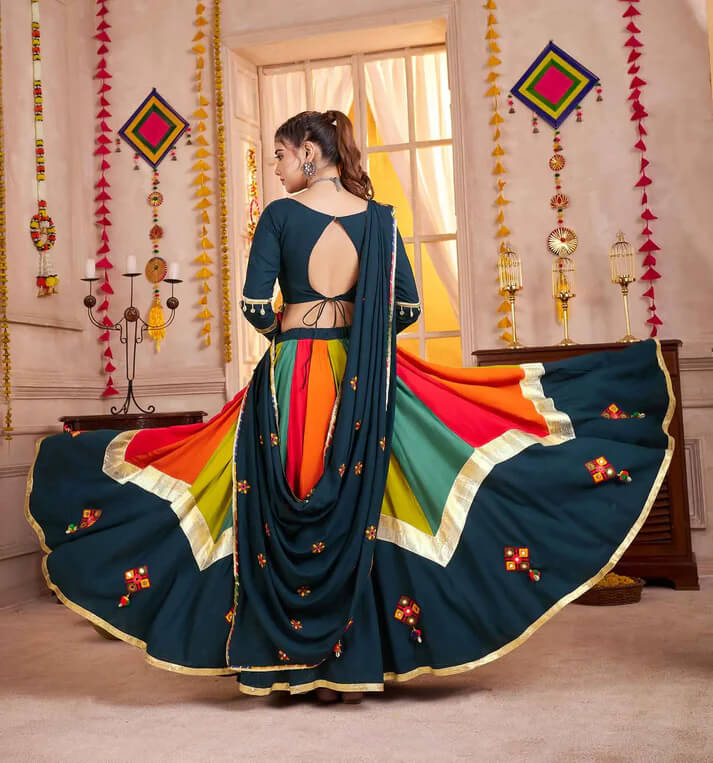 Teal Blue Multi Color Mirror & Thread Work Navratri Lehenga