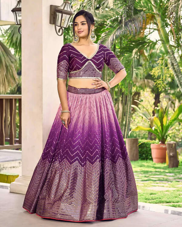 Purple & Light Peach Lehenga Choli with Thread & Sequins Work