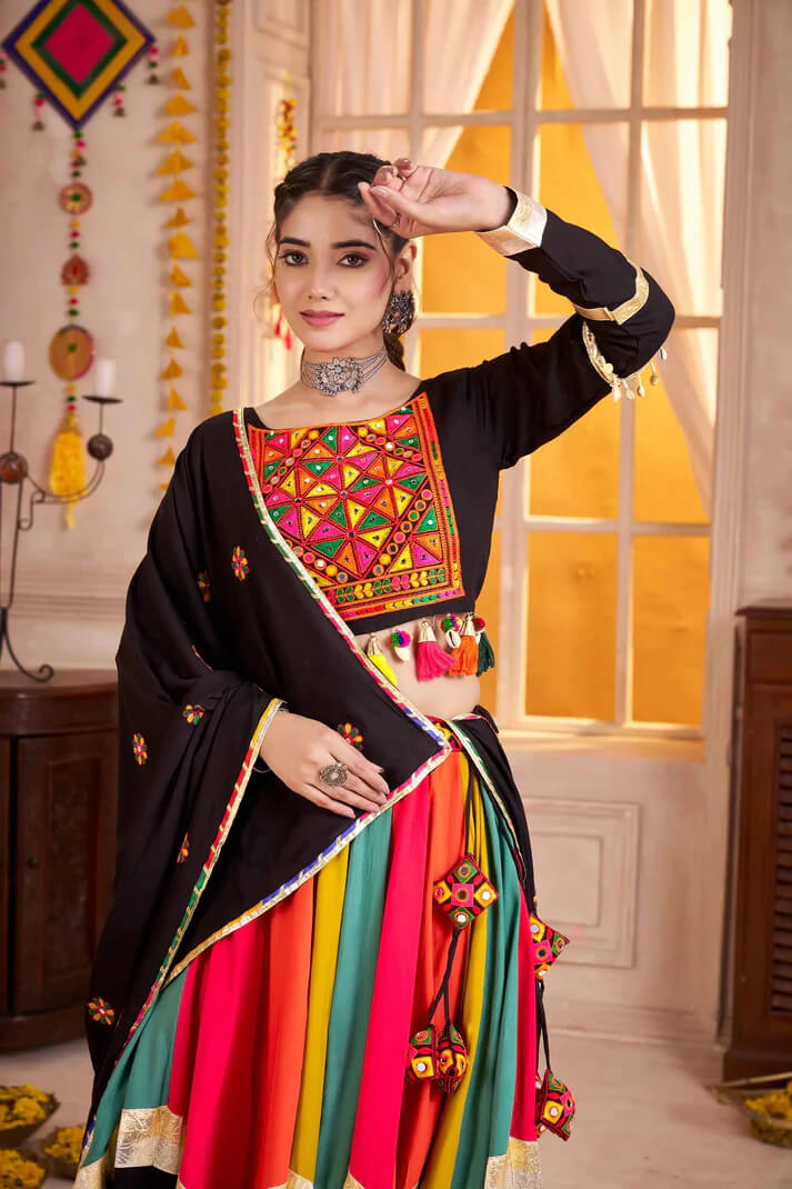 Black Multi Color Mirror & Thread Work Navratri Lehenga