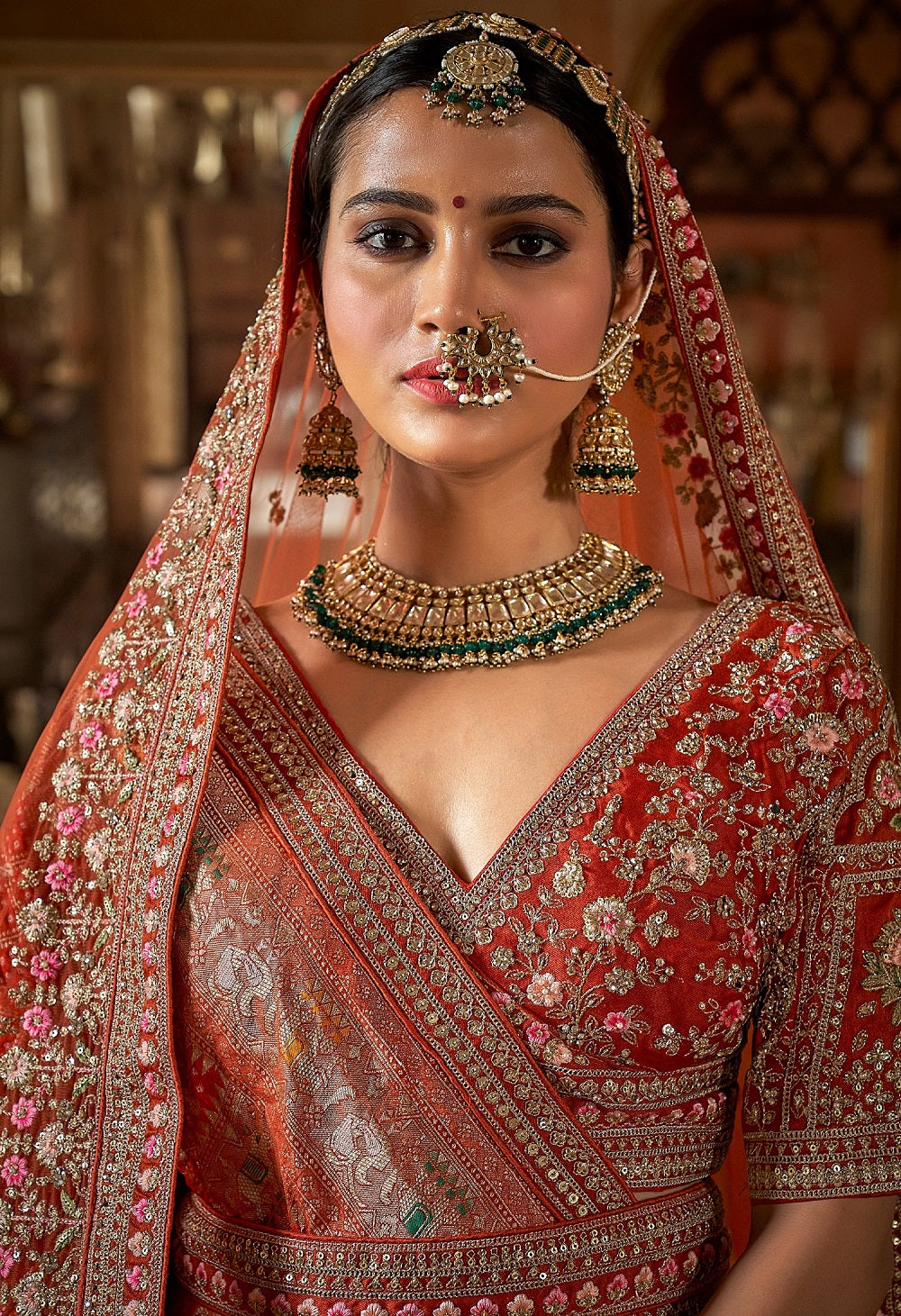 Orange Silk Bridal Lehenga with Thread & Pearl Embroidery