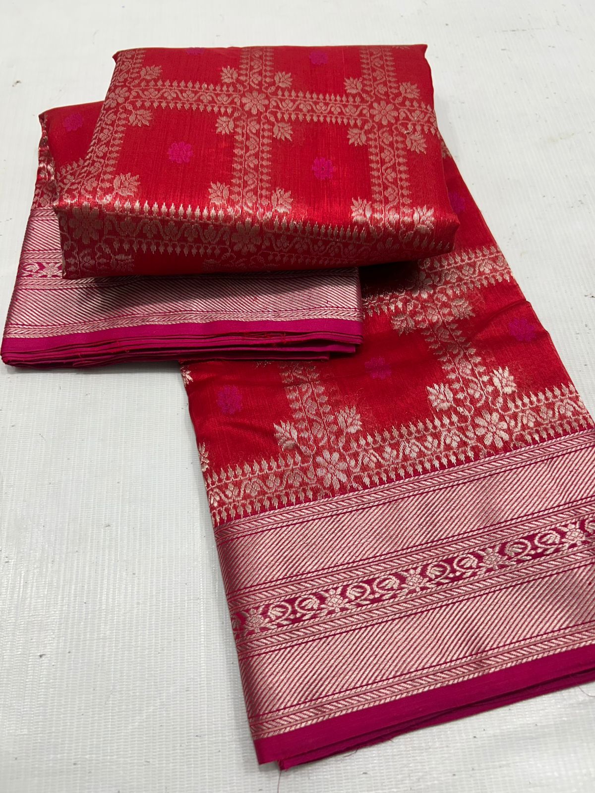 Rustic Red Chanderi Handloom Pattu Silk Meenakari Saree