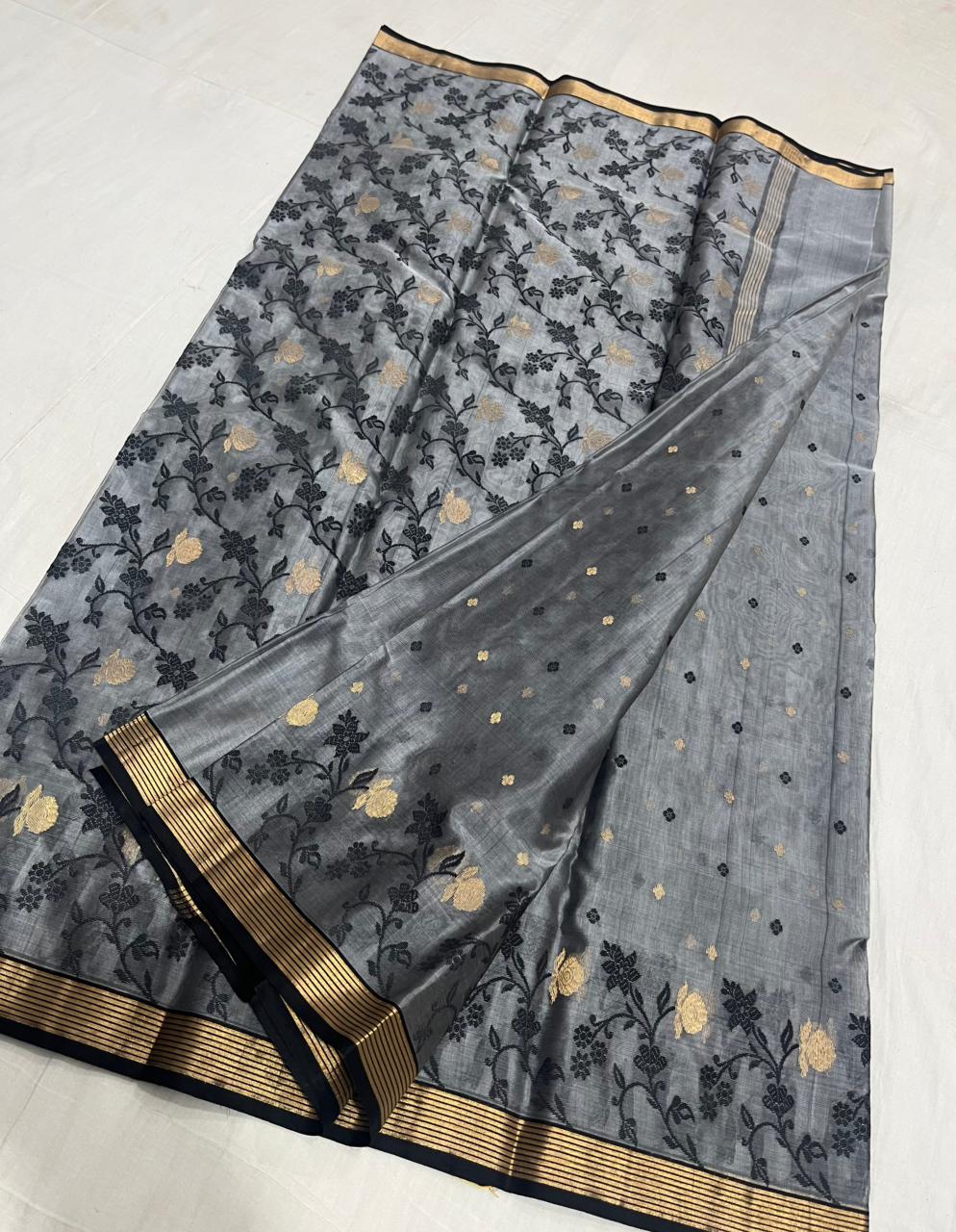 Dark Grey Chanderi Handloom Katan Silk Meenakari Saree