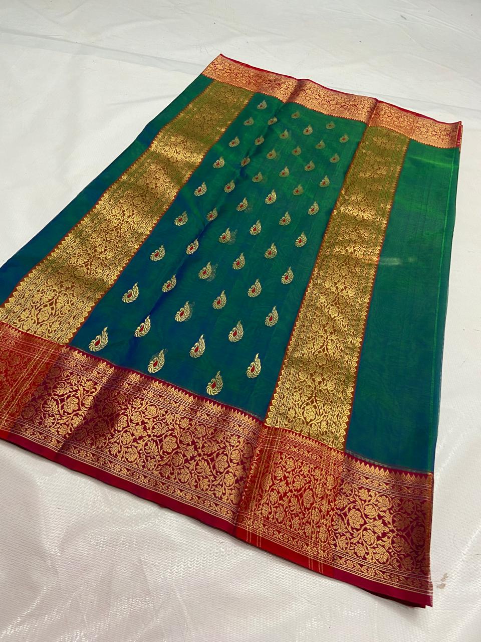 Peacock Green Chanderi Handloom Katan Silk Meenakari Saree