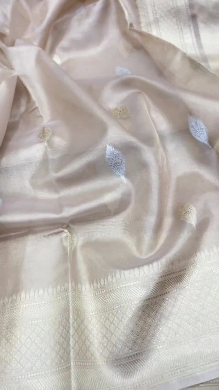 Metallic Gold Banarasi Handloom Tissue Silk Saree with Intricate Sona Rupa Gold and Silver Zari Work and Silk Mark Authenticity Tag.