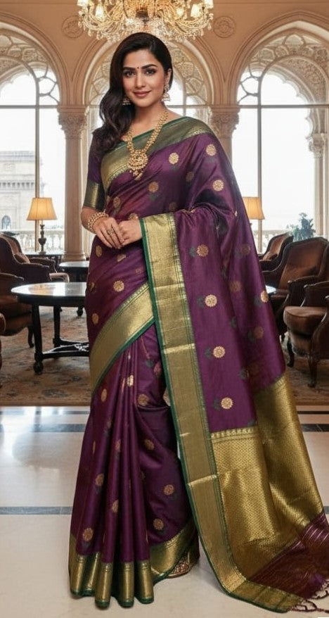Dual Tone Purple Chanderi Handloom Pattu Silk Meenakari Nakshi Saree