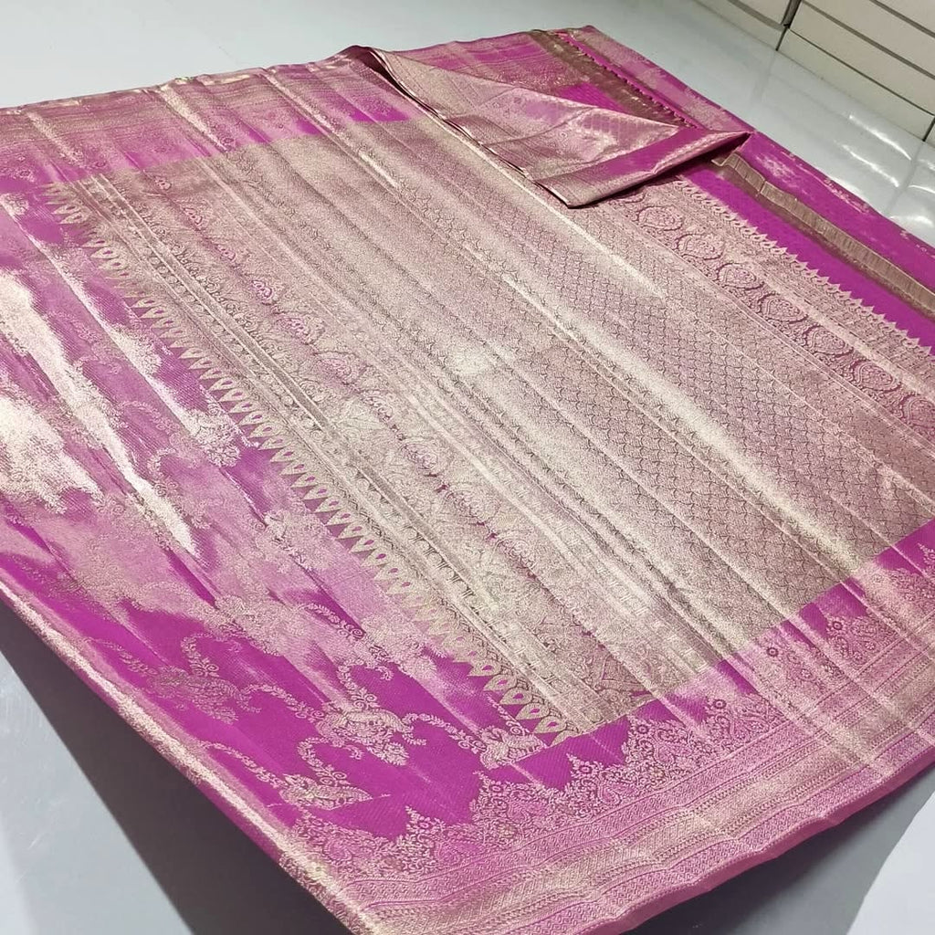 Onion Pink Kanchipuram Handloom Tissue Brocade Silk Saree