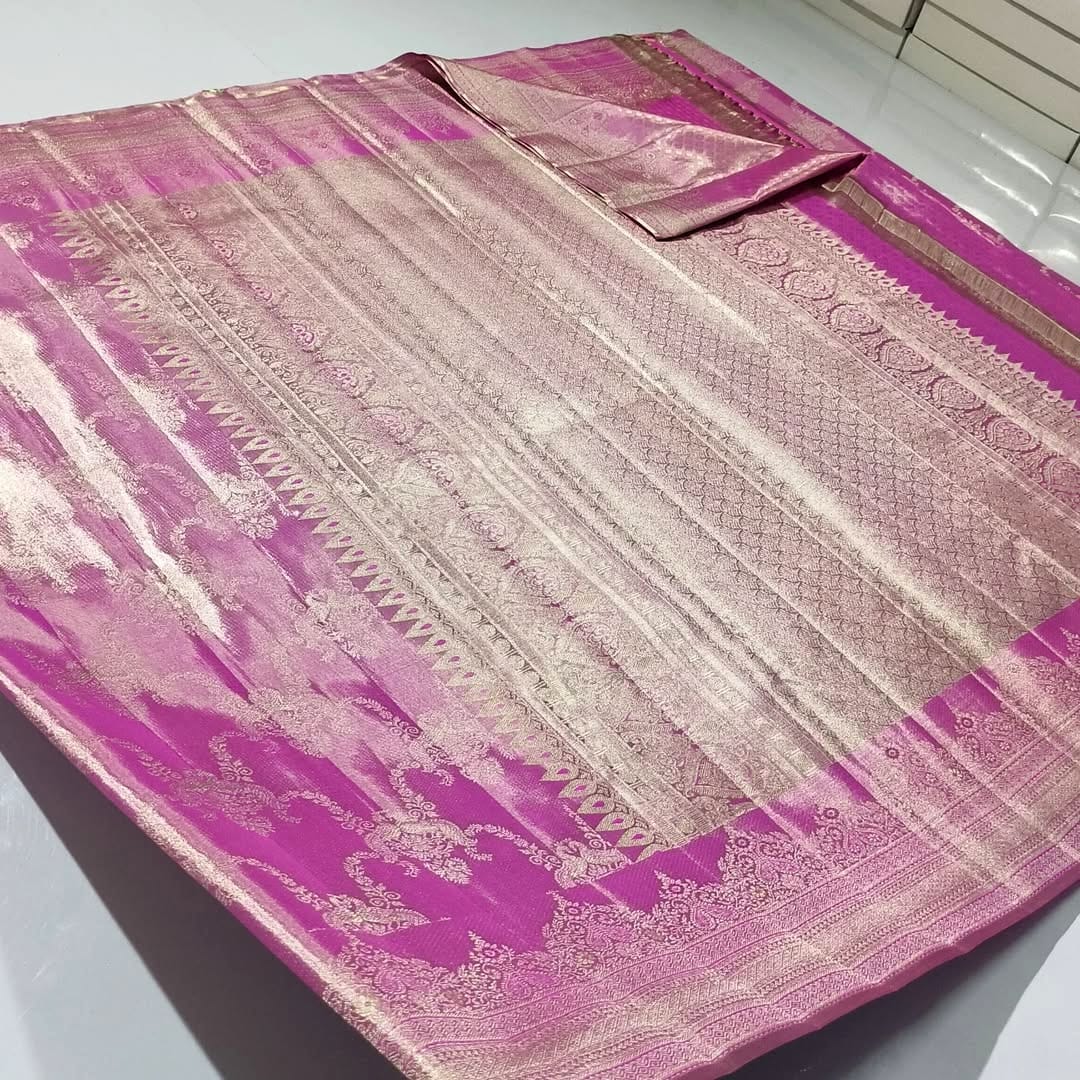 Onion Pink Kanchipuram Handloom Tissue Brocade Silk Saree