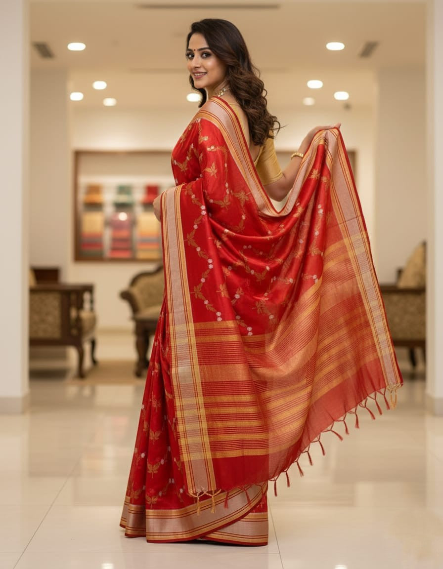 Rød Chanderi håndvævet Pattu Silk Meenakari Saree