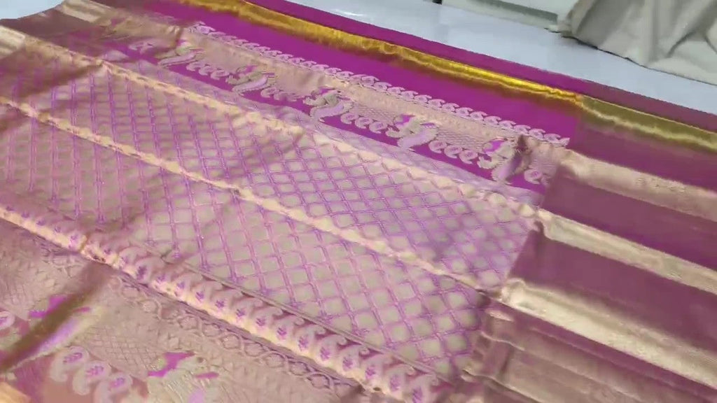 Hot Pink Kanchipuram Håndvævet Brokade Silkesari