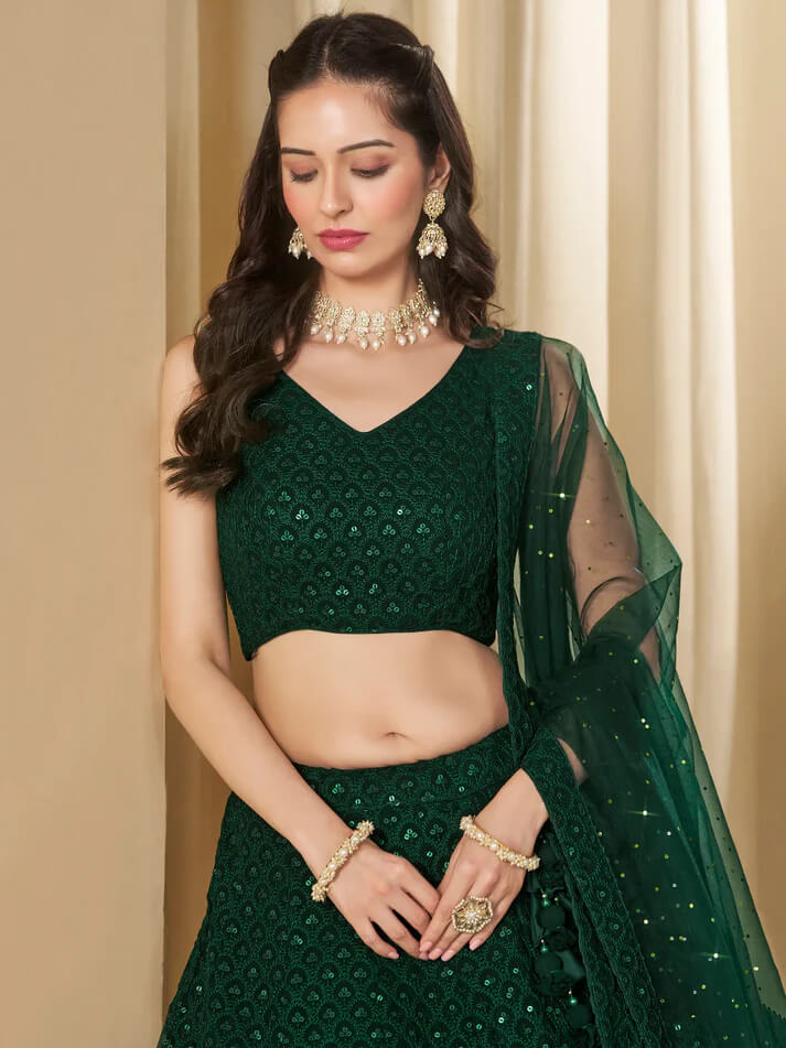 Dark Green Party Wear Lehenga with Sequins Embroidery