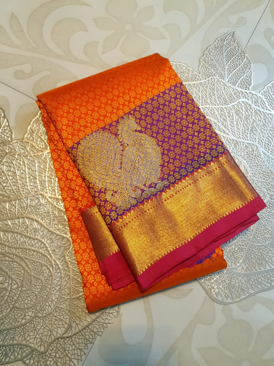 Orange Kanchipuram Handloom 1G Gold Pattu Silk Saree