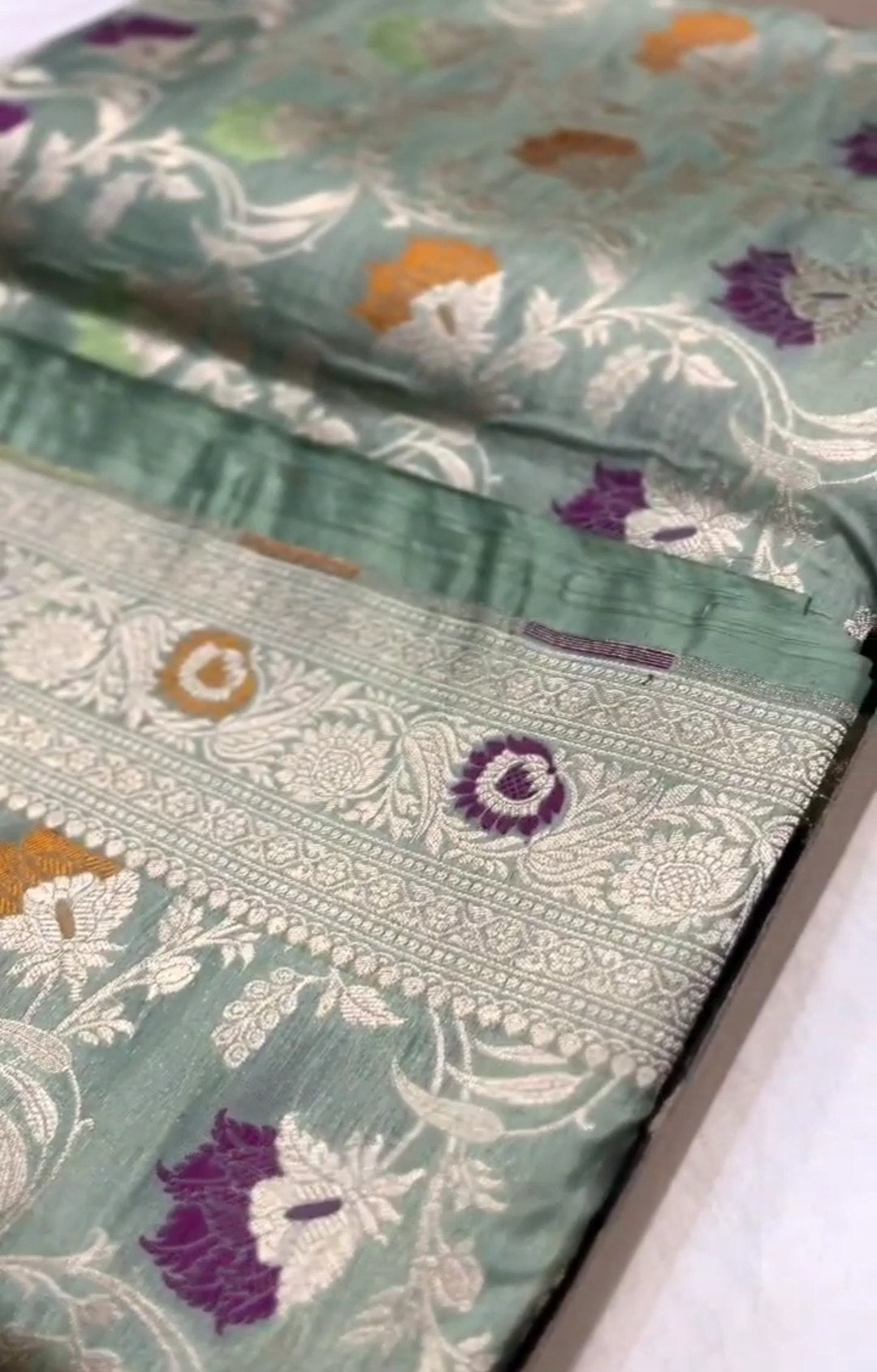 Pista Green Banarasi Handloom Katan Silk Meenakari Saree