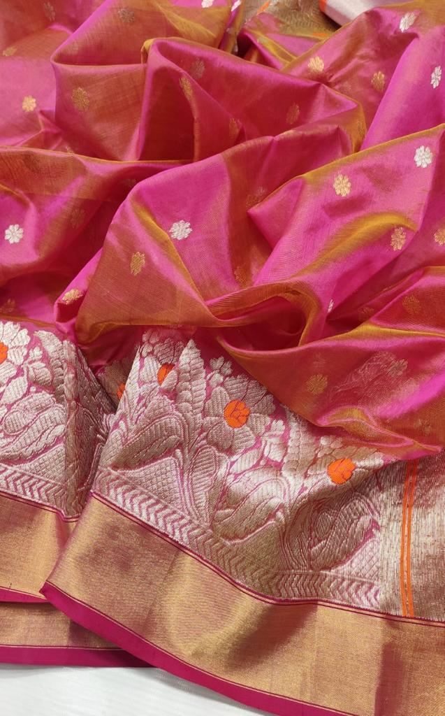 Dual Tone Pink Chanderi Handloom Pattu Silk Handwork Saree
