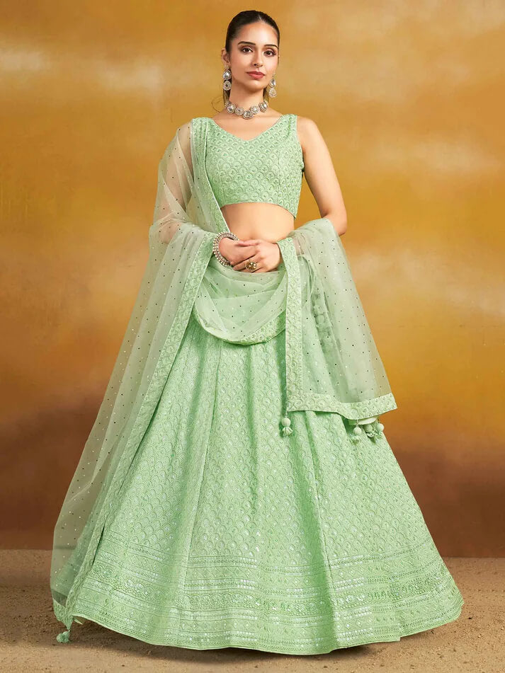 Light Mint Green Designer Lehenga with Sequins & Dupatta