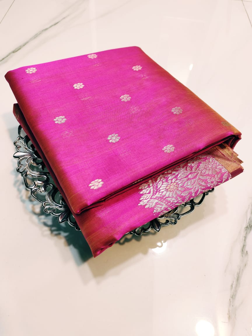Hot Pink Chanderi Handloom Pattu Silk Meenakari Handwork Saree