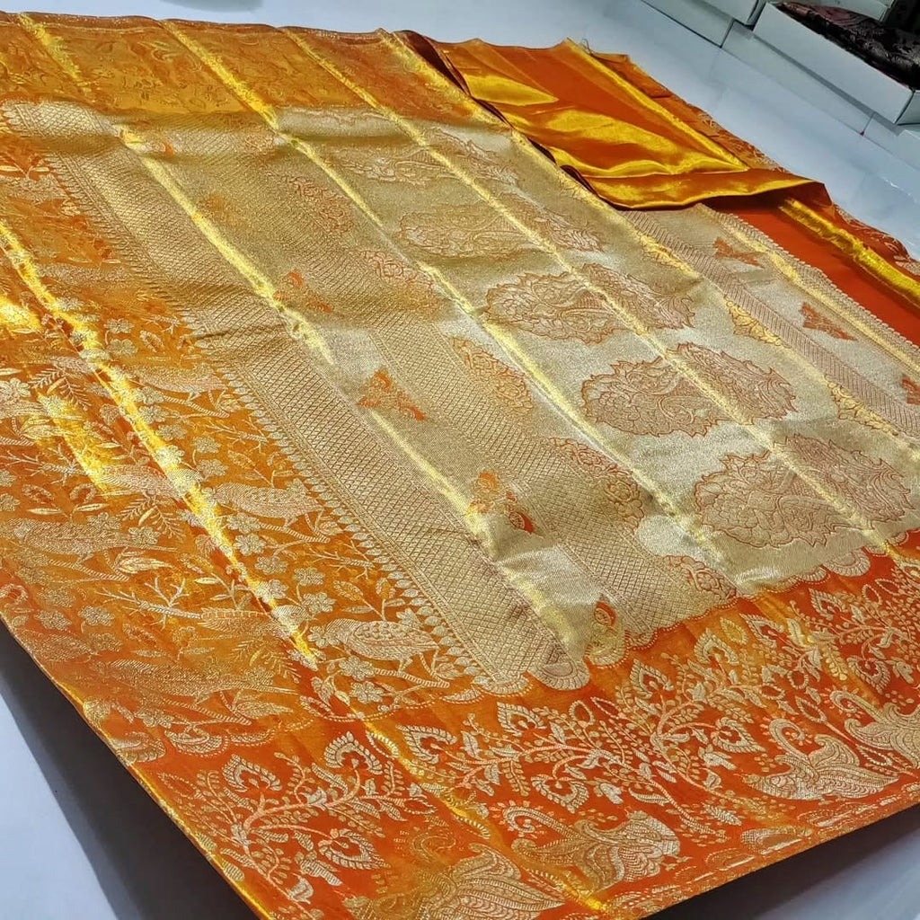Orange Kanchipuram Handloom 2D Tissue Brocade Silk Saree