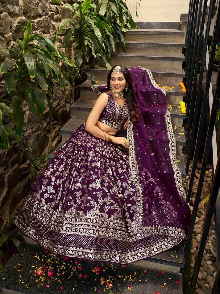 Wine Jacquard Lehenga with Zari & Sequins Work
