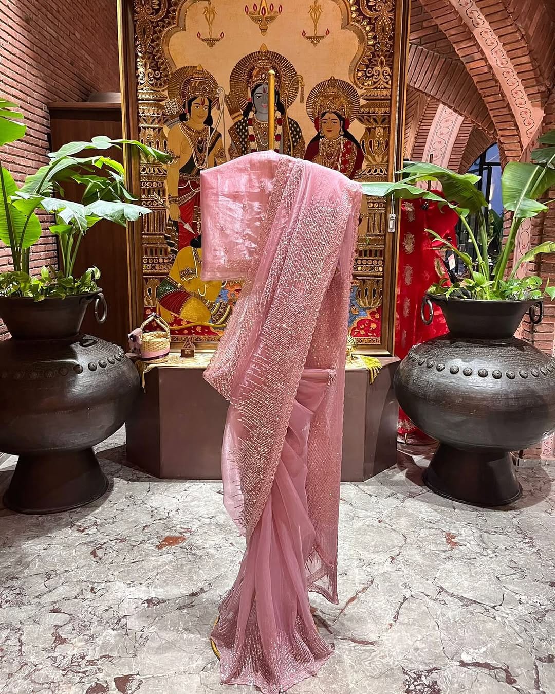 Rose Pink Hand Embroidered Tissue Organza Silk Saree