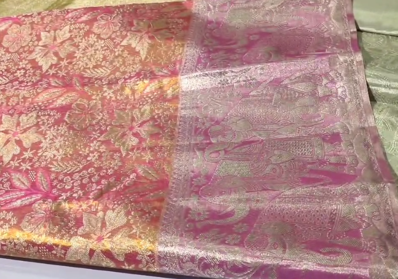 Peach Kanchipuram Handloom Tissue Brocade Silk Saree