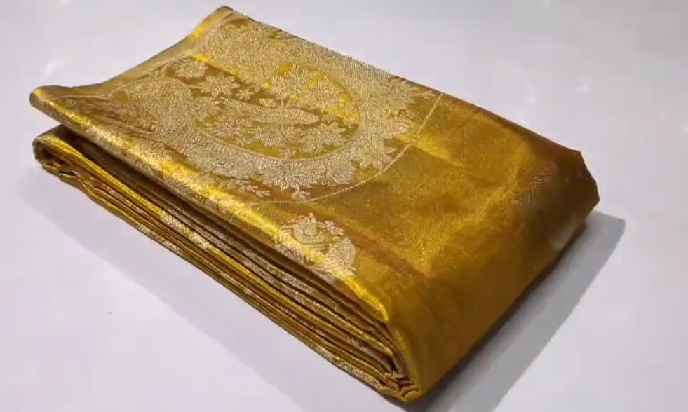 Gold Kanchipuram Handloom Tissue Brocade Silk Meenakari Saree