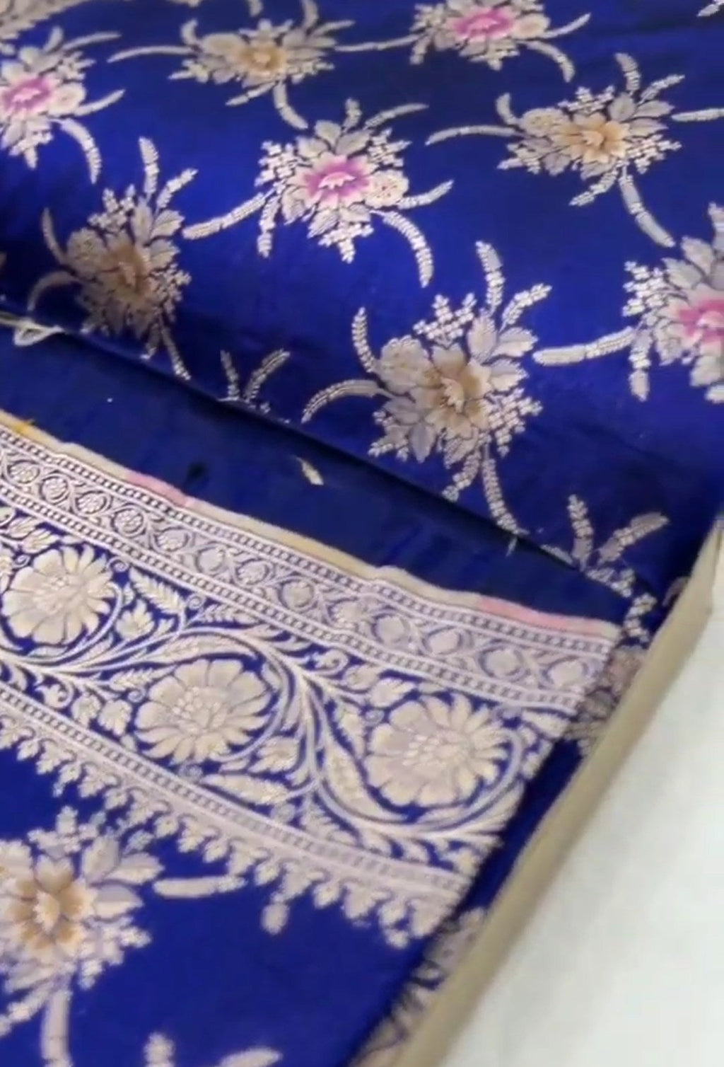 Azure Blue Handloom Banarasi Katan Silk Saree with Colorful Meenakari Floral Borders and Silk Mark Authenticity Label.