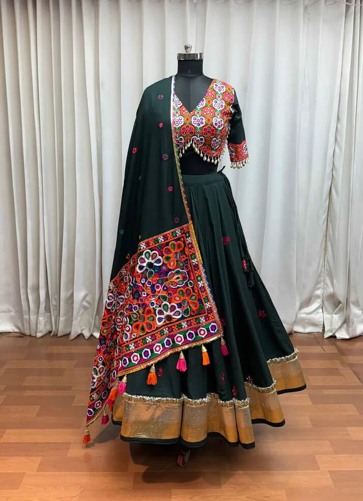Designer Green Mirror & Thread Work Navratri Lehenga