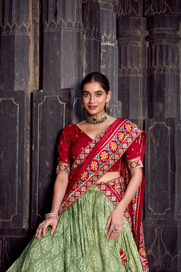 Classic Sea Green Tussar Silk Lehenga with Ikkat Detailing