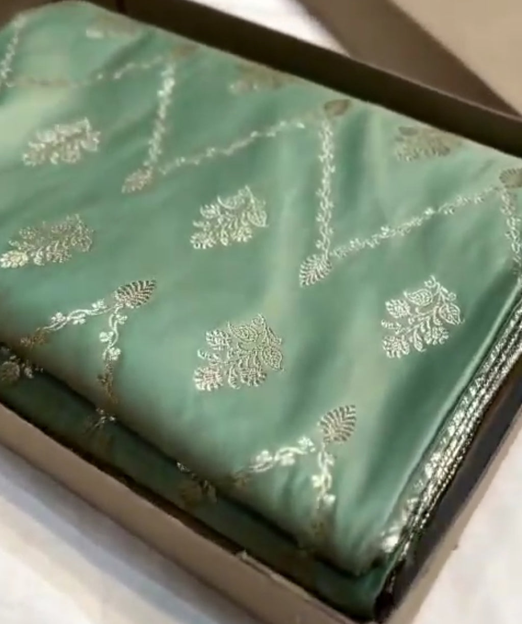 Powder Green Banarasi Satin Katan Silk Saree