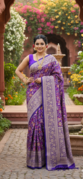 A deep purple Banarasi Katan silk saree featuring vibrant three-colored Tilfi Meenakari floral buttas and an ornate gold zari border.