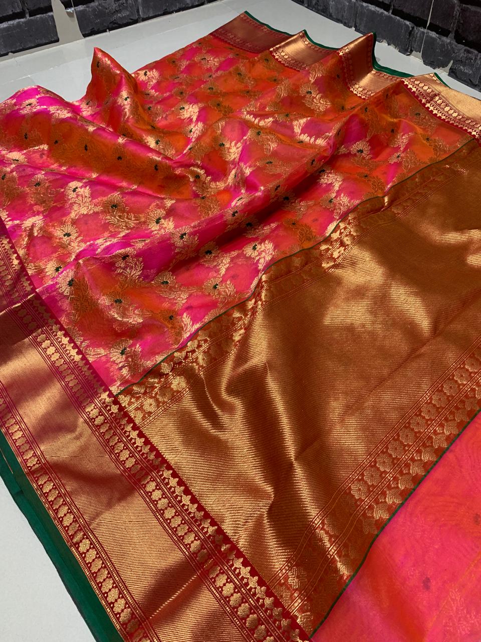 Chilly Red Chanderi Handloom Katan Silk Meenakari Nakshi Saree