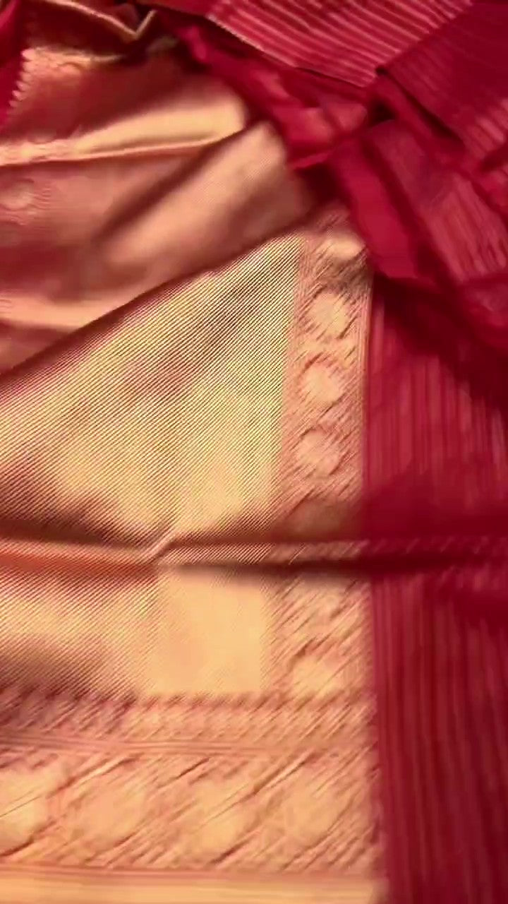 Rød Banarasi håndvævet Katan Silk Chand Tara Brude Saree