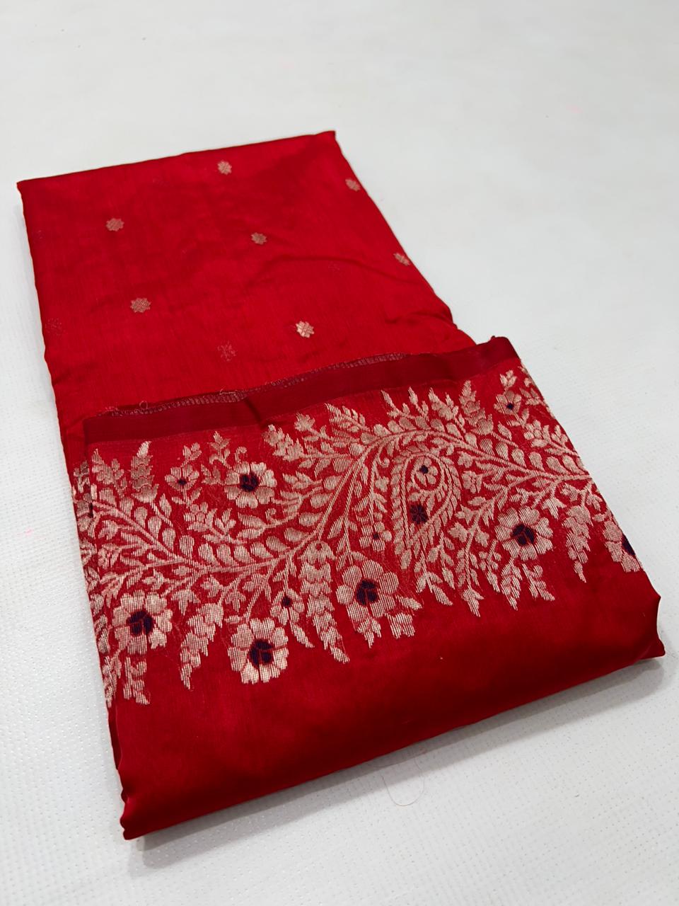 Red Chanderi Handloom Pattu Silk Meenakari Handwork Saree