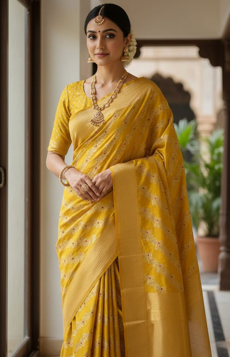 Turmeric Yellow Chanderi Handloom Pattu Silk Meenakari Handwork Saree