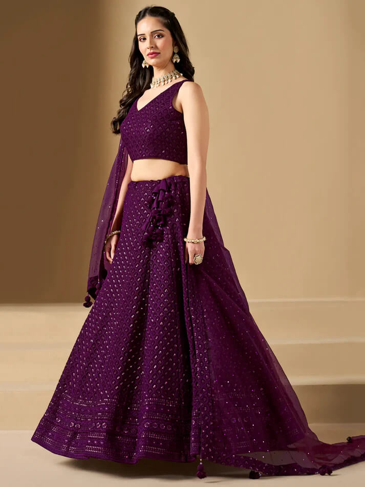 Wine Party Wear Lehenga with Sequins Embroidery