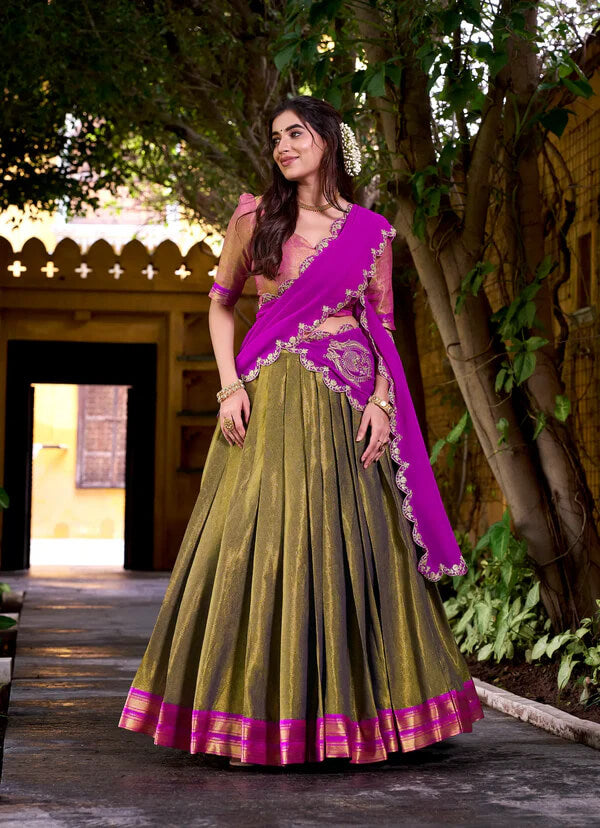 Designer Dark Olive Kanchipuram Lehenga for Weddings
