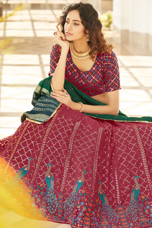 Festive Maroon Lehenga Choli with Matching Printed Dupatta