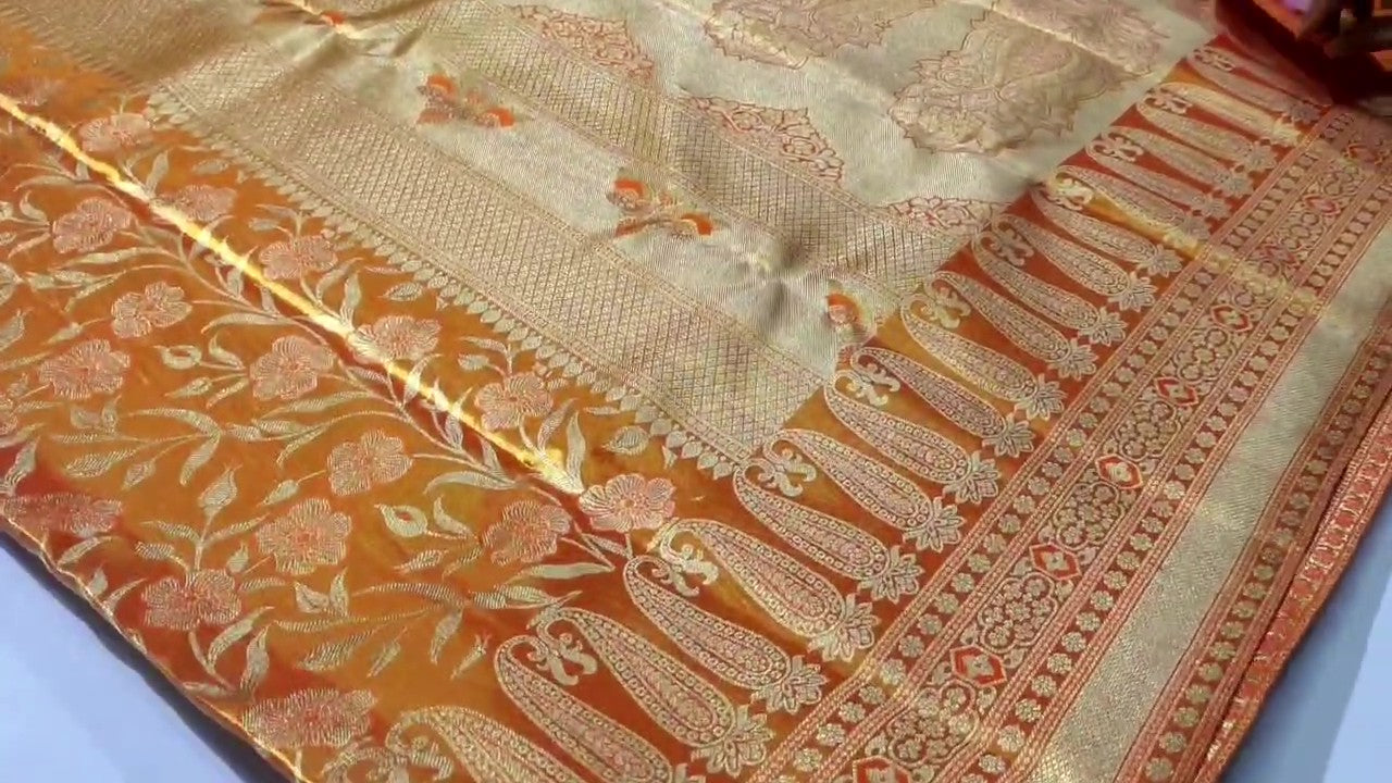 Orange Kanchipuram Handloom Tissue Brocade Silk Saree
