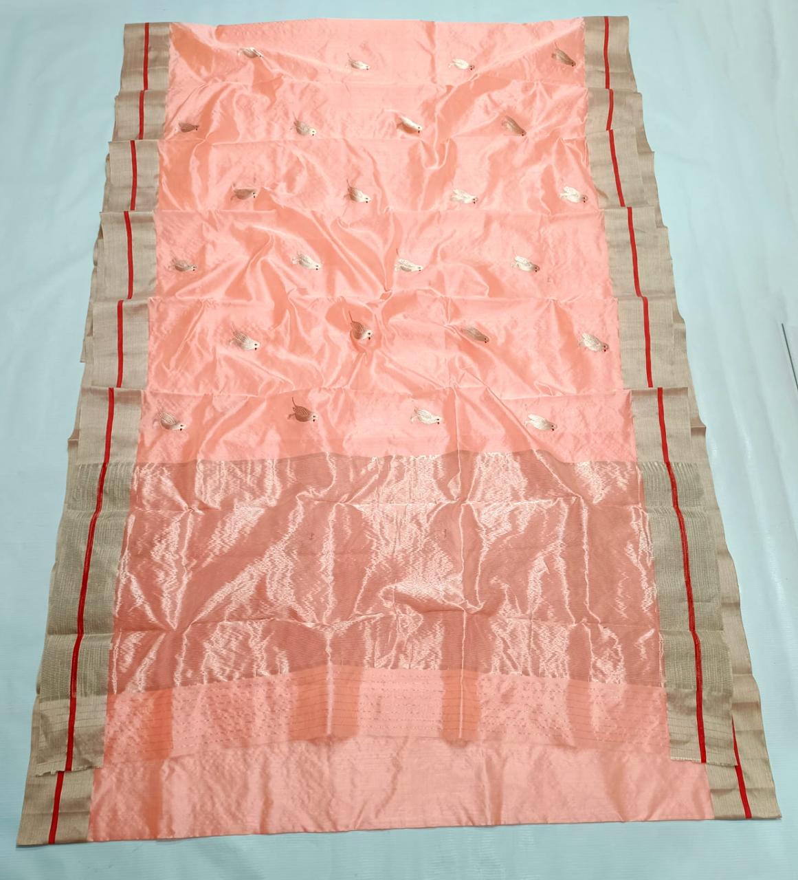 Peach Chanderi Handloom Pattu Silk Meenakari Saree