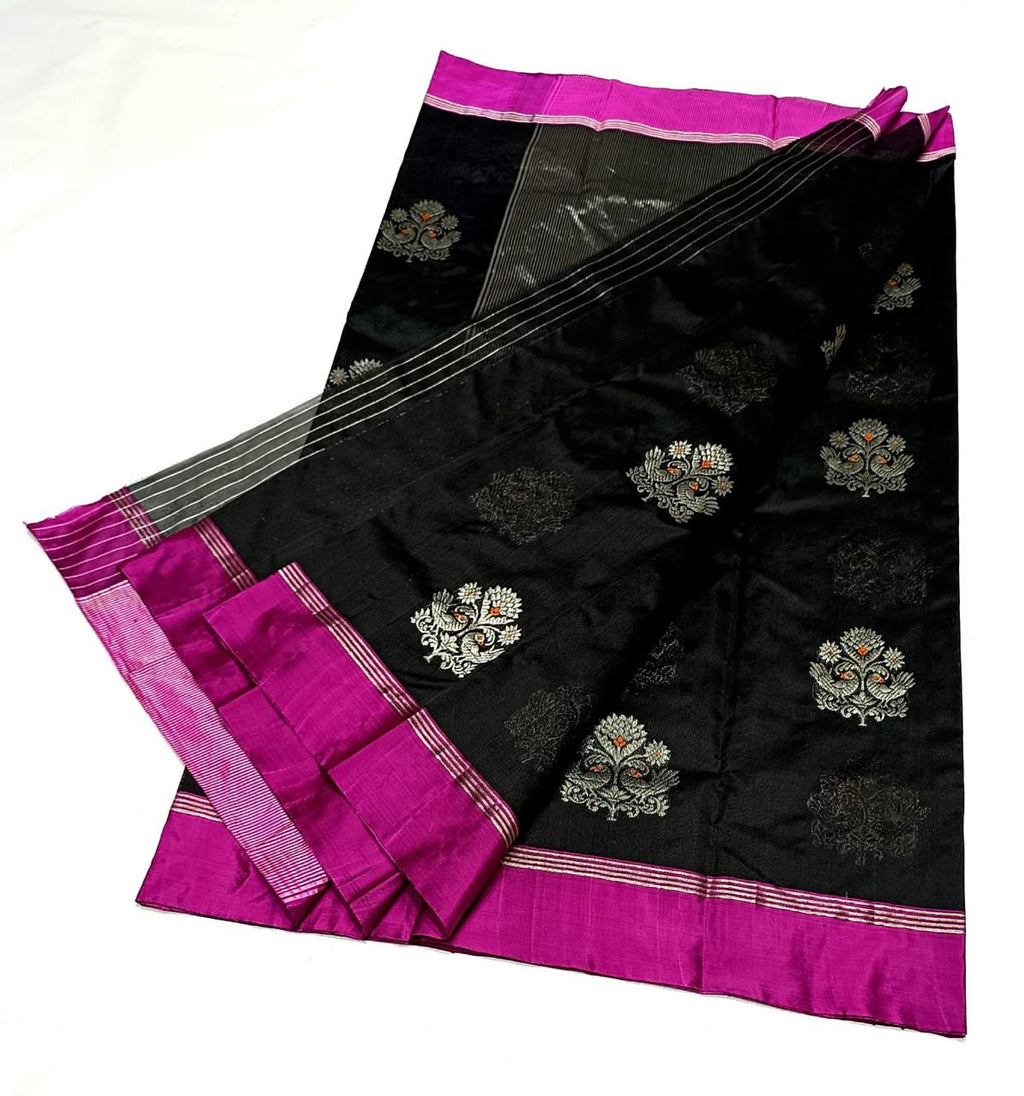 Black Chanderi Handloom Pattu Silk Eknal Buttas Saree