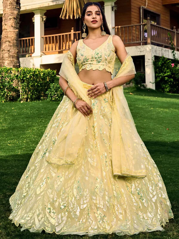 Yellow Soft Net Lehenga with Sequins & Thread Work