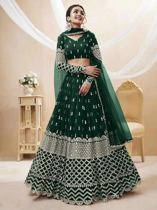 Green Georgette Lehenga with Sequins Embroidery Work