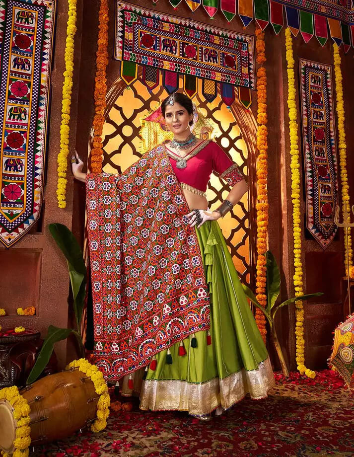 Trendy Green Embroidered Navratri Lehenga with Mirror Dupatta