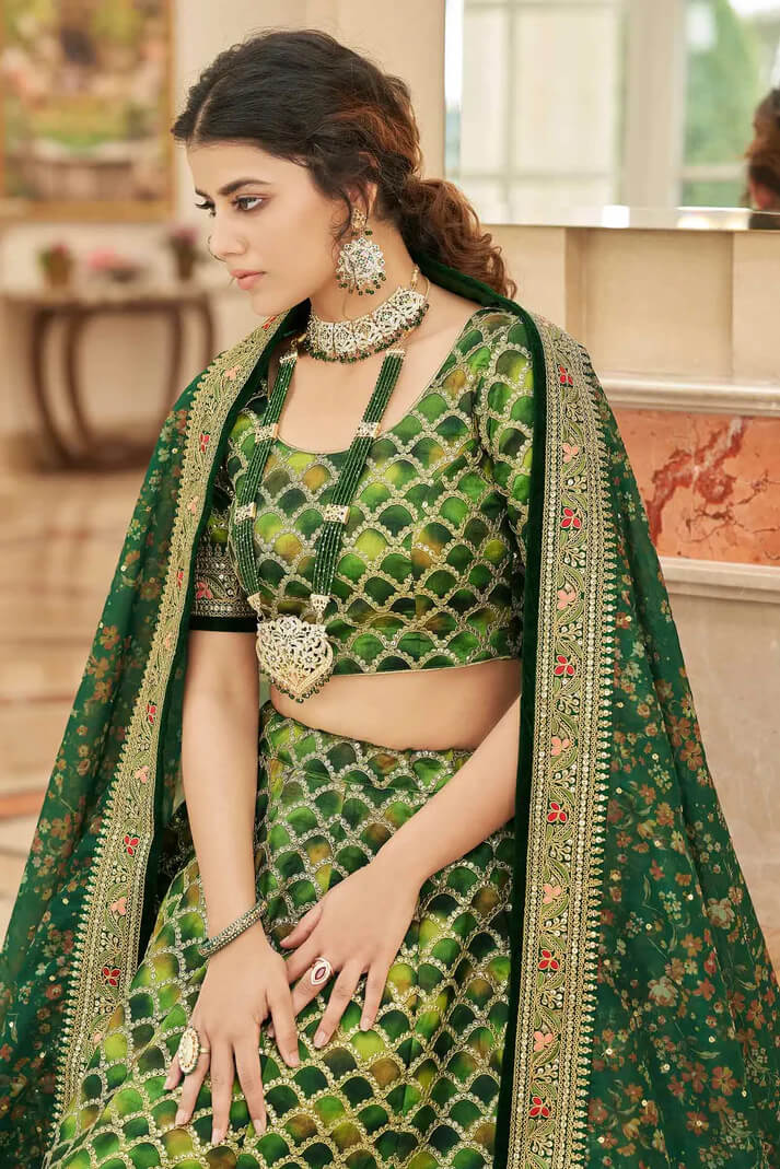 Green Lehenga with Thread, Zari & Sequins Work